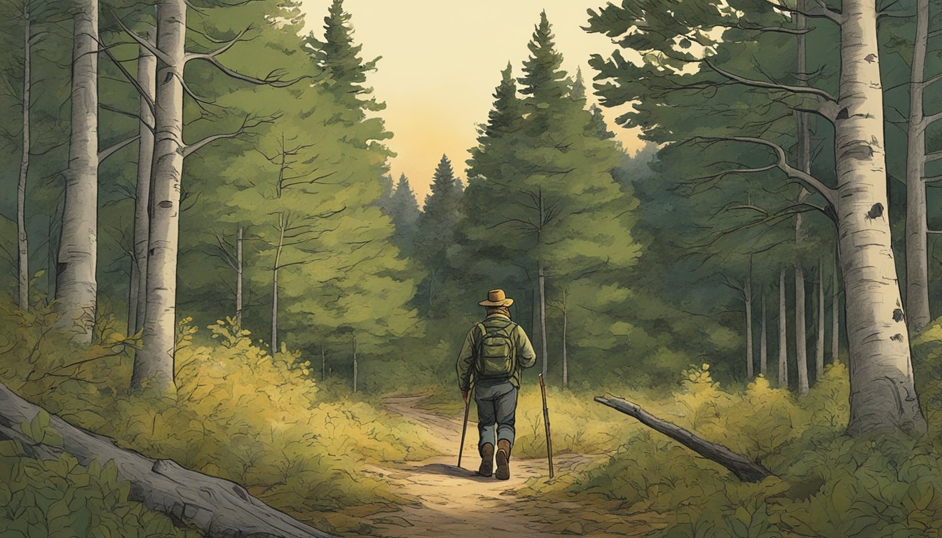 A hunter walking through a wooded area in New Hampshire, searching for hunting leases