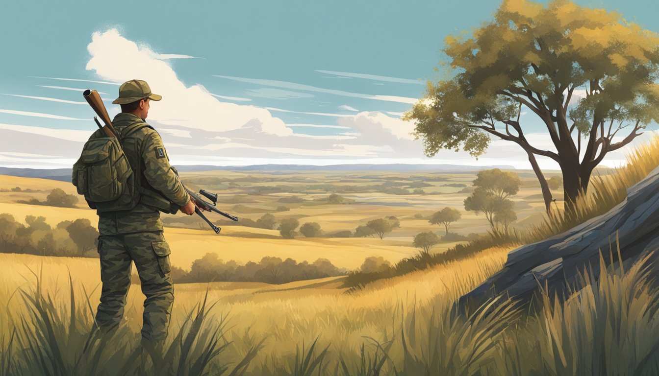 A vast Nebraska landscape with rolling hills, tall grass, and scattered trees. A hunter in camouflage stands with a rifle, scanning the horizon for game