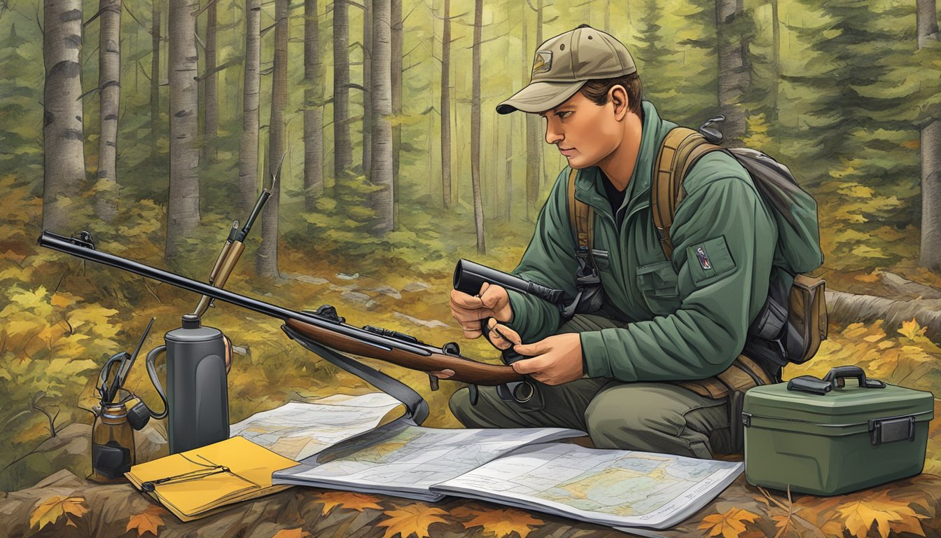 A hunter checks equipment and reviews safety guidelines before heading into the New Hampshire wilderness for a hunting lease