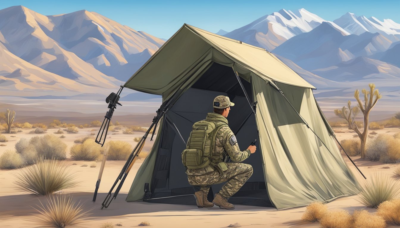 A hunter in camouflage gear setting up a hunting blind in the Nevada desert, with mountains in the background and a clear blue sky above