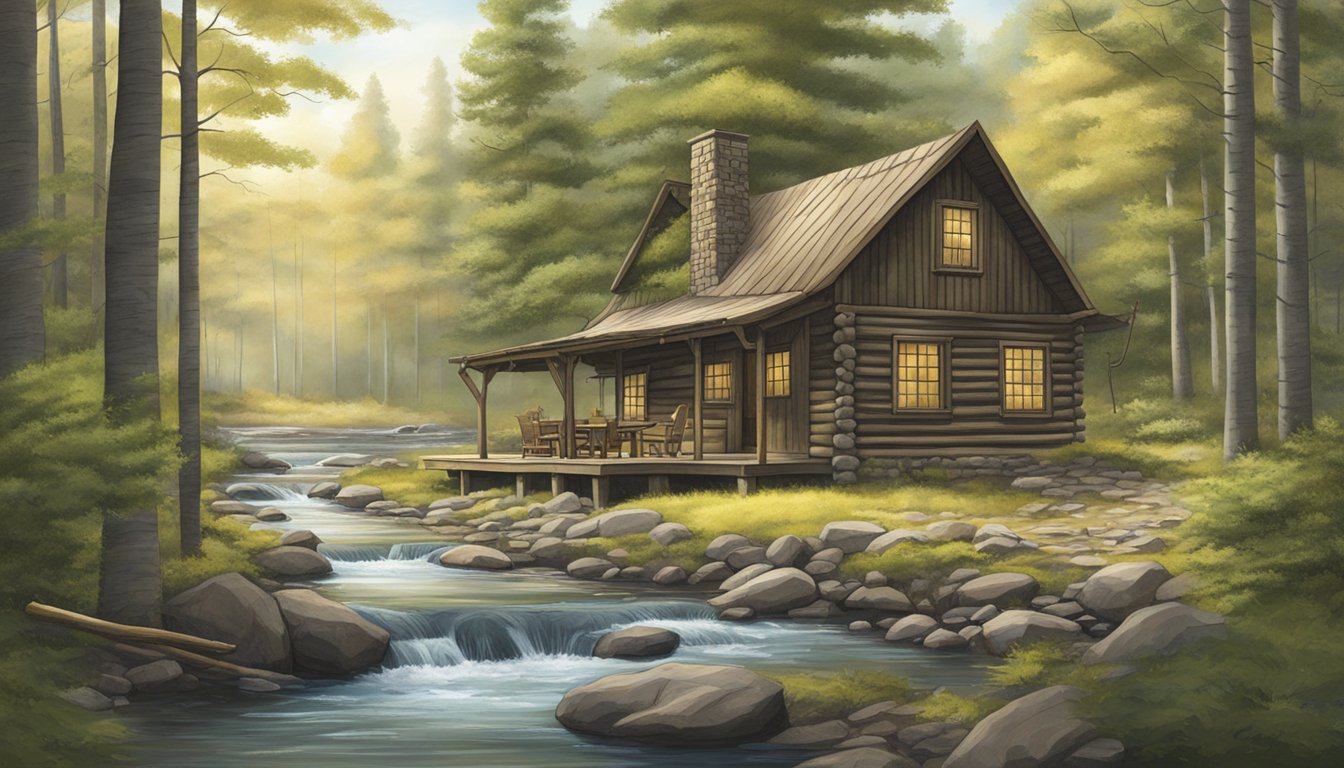 A serene forest clearing with a rustic cabin, hunting gear, and a nearby stream in the New Hampshire wilderness