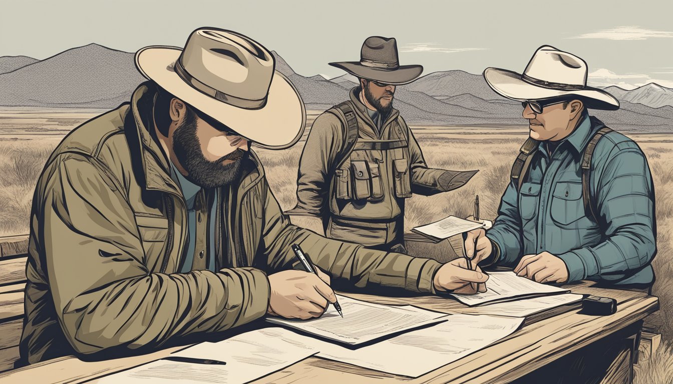 A hunter in Nevada signing a lease agreement with a landowner, exchanging money for access to hunting grounds