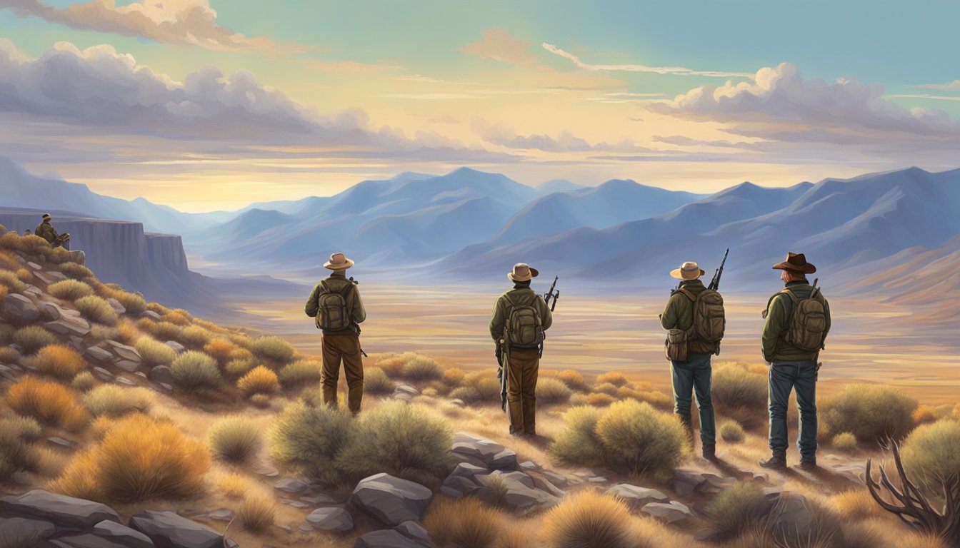 A group of hunters surveying a vast, open landscape in Nevada, searching for the perfect spot to secure their hunting leases