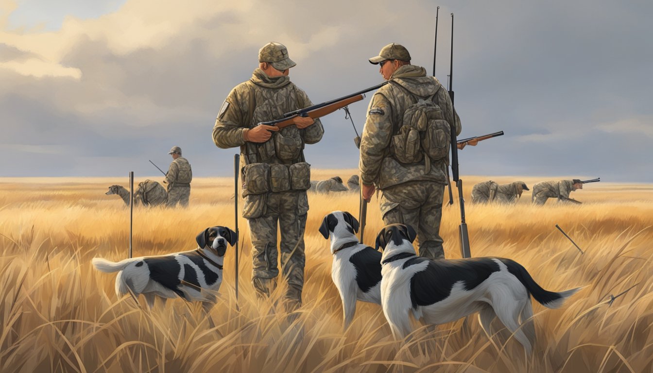 A group of hunters in camouflage gear setting up blinds and decoys in a vast open field in Nebraska. A hunting dog eagerly sniffs around