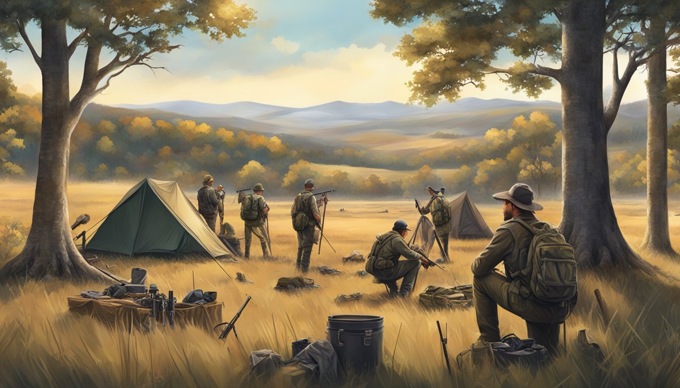 A group of hunters setting up camp in a vast, open field surrounded by trees and rolling hills, with hunting gear and rifles scattered around