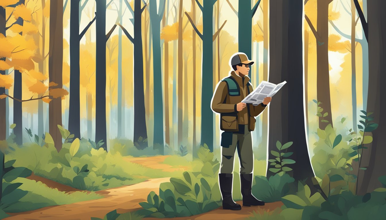 A hunter holding a hunting license and reading through a booklet of hunting regulations in a forest clearing with a "Hunting Leases New York" sign posted nearby