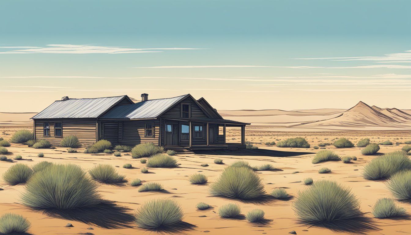 A vast desert landscape in New Mexico, with rolling hills, sparse vegetation, and a clear blue sky. A lone hunting cabin sits in the distance