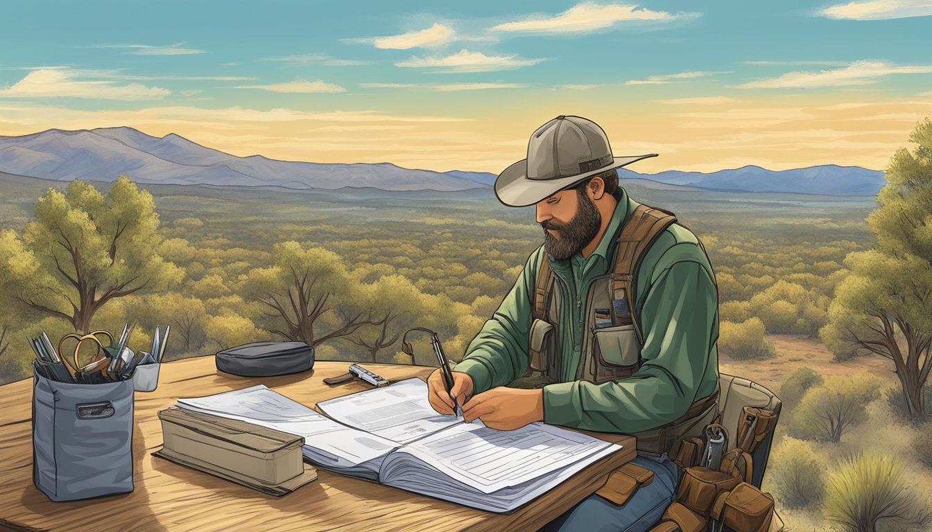 A hunter in New Mexico fills out paperwork for a hunting lease, surrounded by regulations and licensing documents