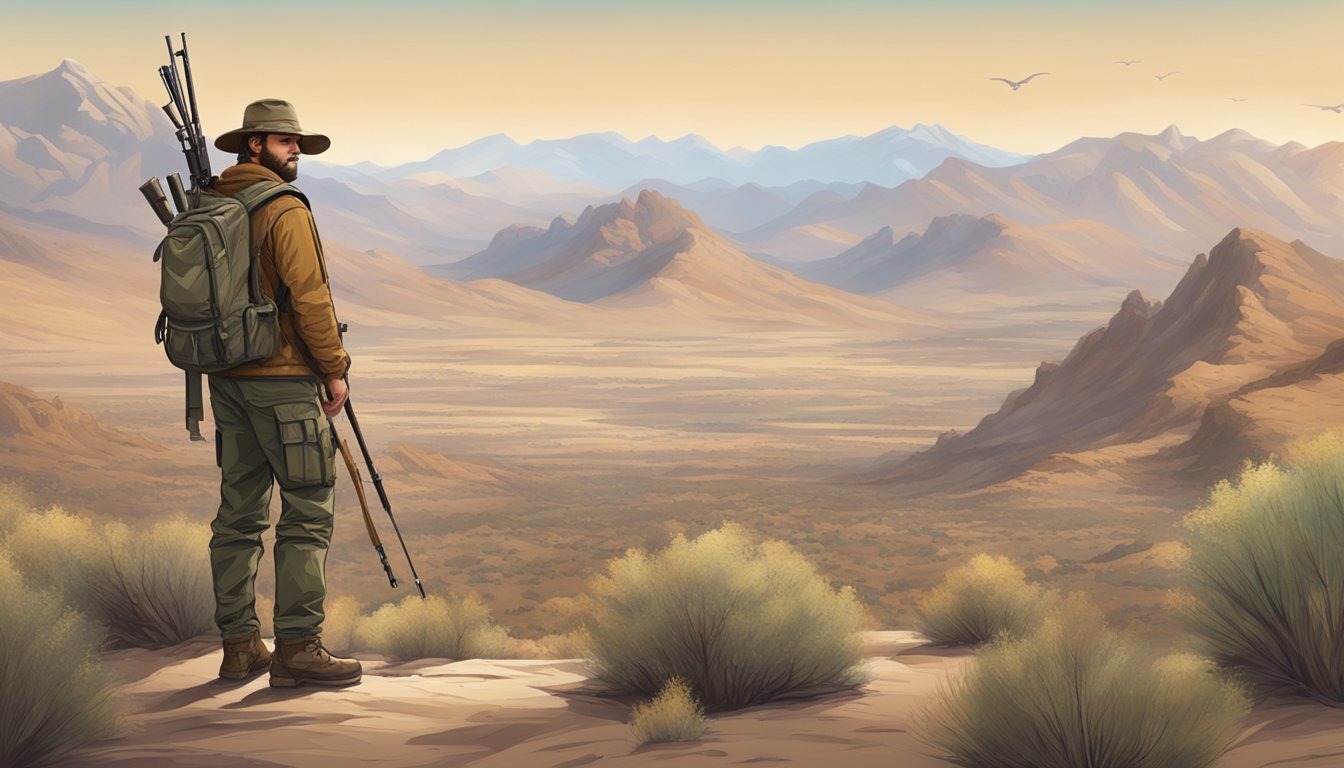 A hunter standing in a vast desert landscape, surrounded by rugged mountains and scrub brush. A map and hunting gear lay nearby