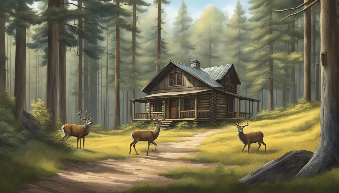 A rustic hunting cabin nestled among tall trees, with a freshly built deer stand and a well-maintained trail leading into the dense forest