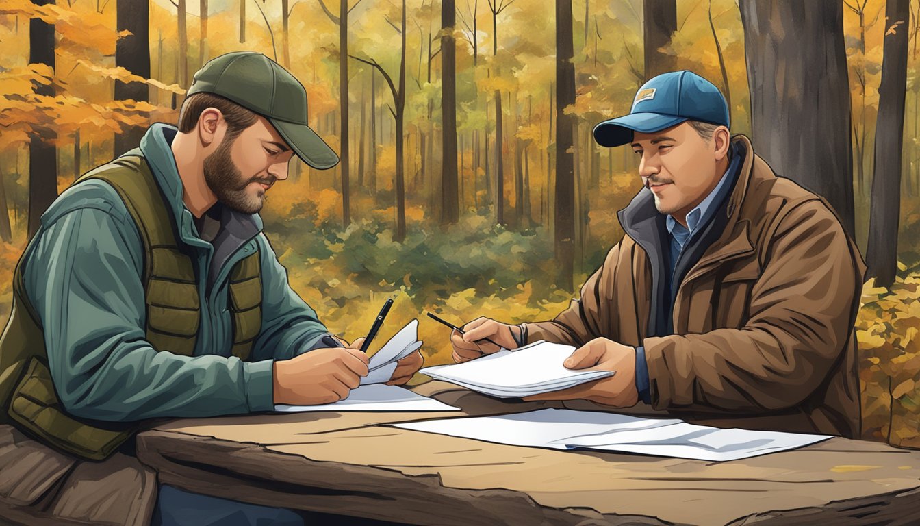 A hunter in New Jersey signing a lease agreement with a landowner, surrounded by wooded hunting grounds