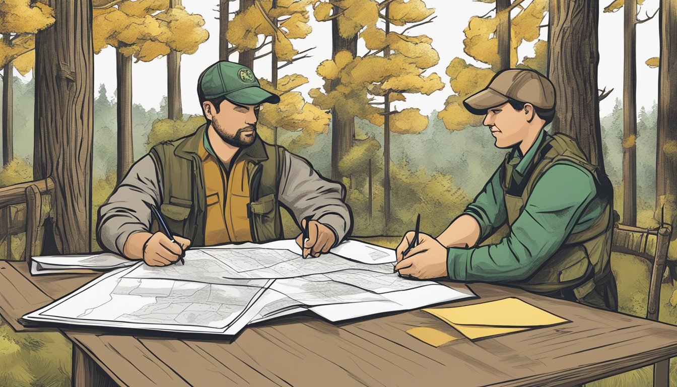 A hunter signing a lease agreement with a landowner in New Jersey, with a map of the hunting grounds and a handshake to seal the deal