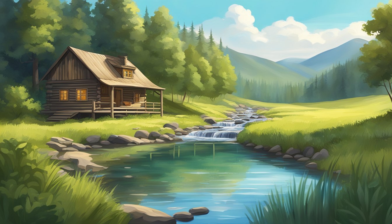 A lush forest clearing with a rustic cabin, surrounded by rolling hills and a gentle stream, under a clear blue sky