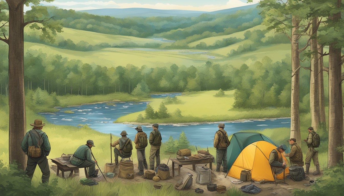 A group of hunters setting up camp in a wooded area, surrounded by rolling hills and a stream. A map of hunting leases in New Jersey is spread out on a table