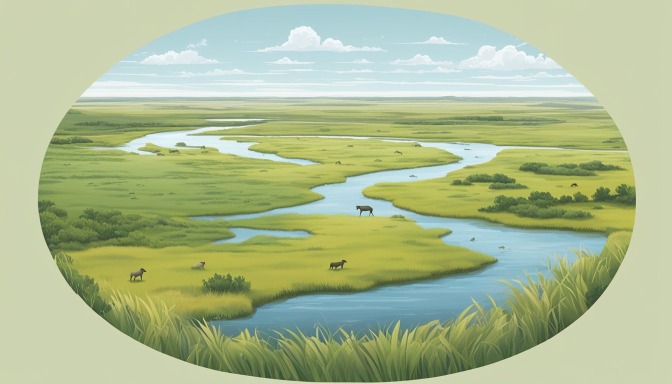 A vast expanse of grassland and wetlands in North Dakota, with various wildlife species roaming freely