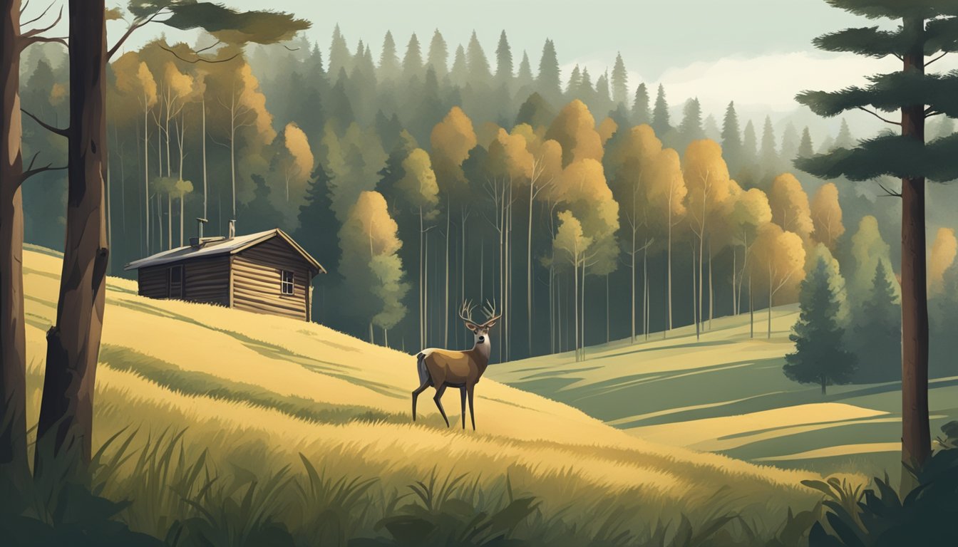 A serene woodland clearing with a rustic hunting cabin, surrounded by rolling hills and dense forest. A deer stands at the edge of the clearing, alert and watchful