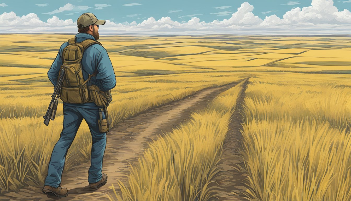 A hunter walking through a vast, open field in North Dakota, scanning the horizon for a potential lease to secure