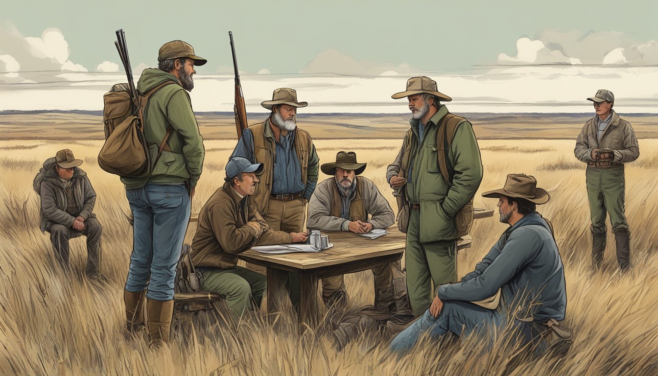 A group of hunters negotiate terms with a landowner in North Dakota, discussing economic aspects of leasing the land for hunting purposes