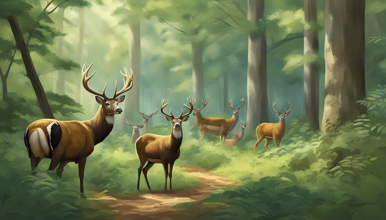 A serene woodland with a variety of game animals, such as deer and turkey, roaming freely amidst lush vegetation in North Carolina's hunting leases