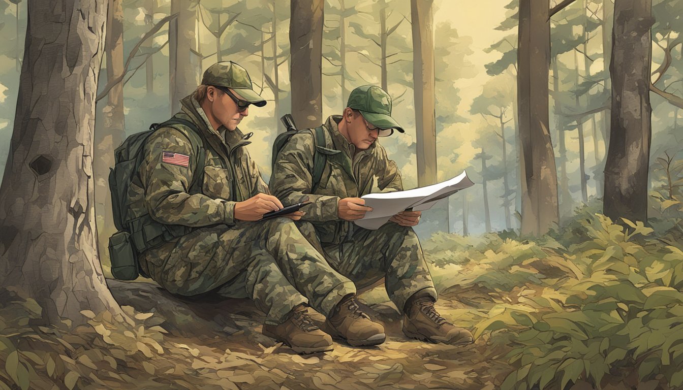 A hunter in camouflage signing lease papers in a wooded clearing