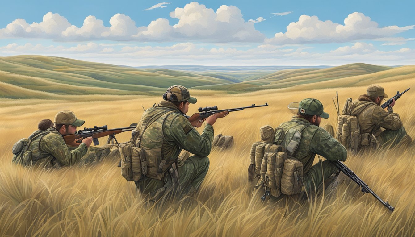 A group of hunters in camouflage gear scouting for game in the grassy plains of North Dakota, with rolling hills and a clear blue sky in the background