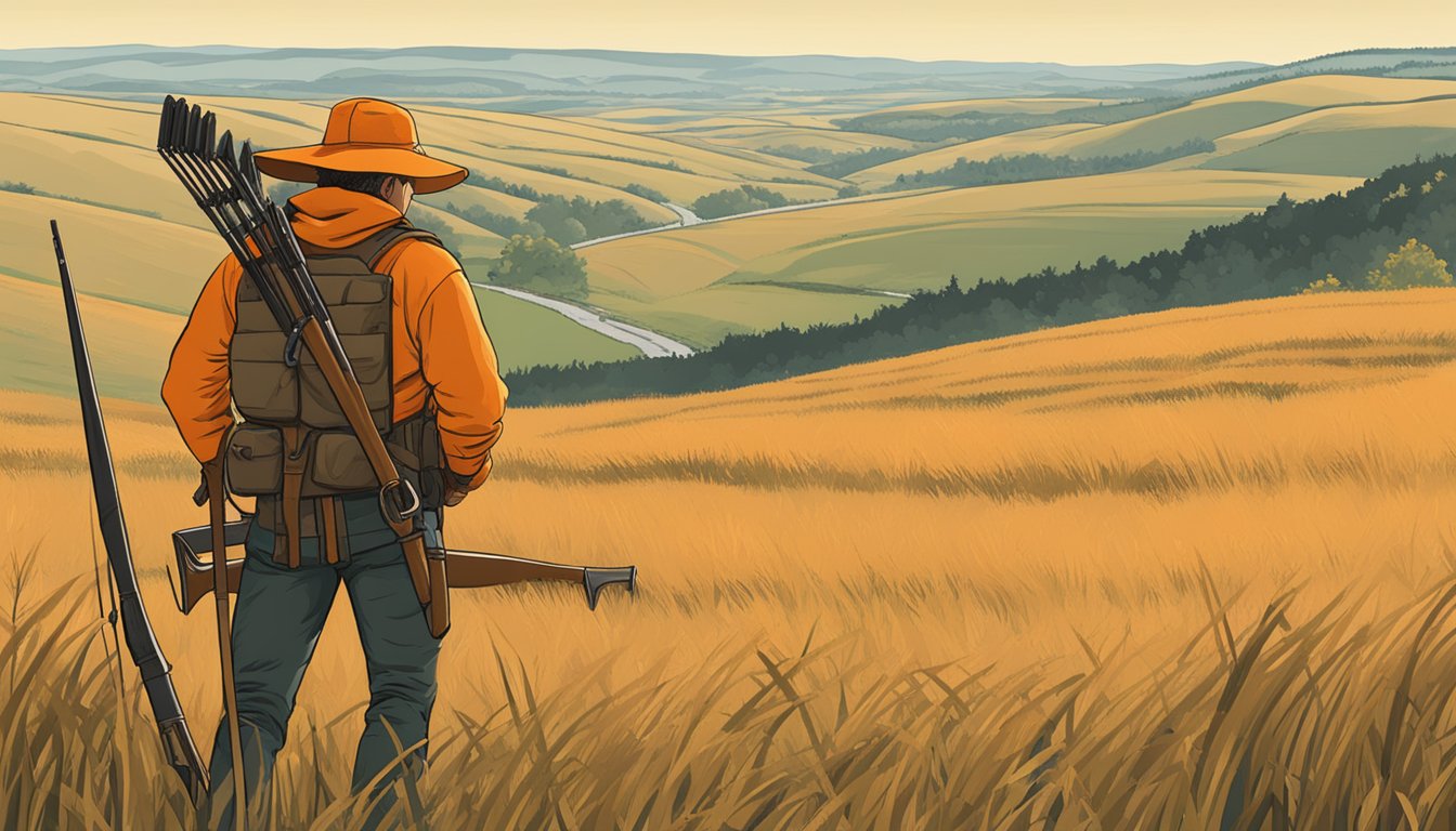 A hunter in blaze orange stands in a field, surrounded by rolling hills and tall grass. A sign nearby reads "Safety and Ethics hunting leases north dakota."