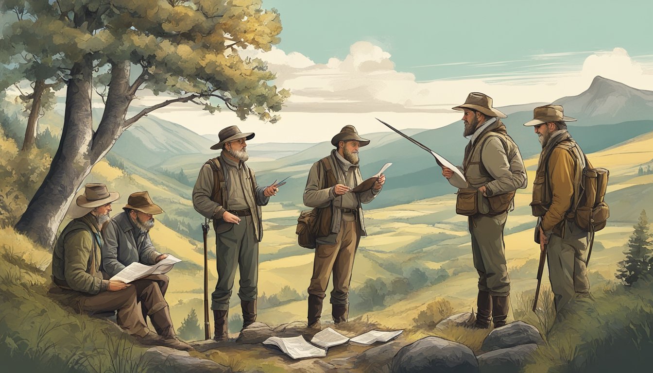 A group of hunters and landowners discuss terms and conditions, pointing to maps and documents. A sense of negotiation and agreement fills the air