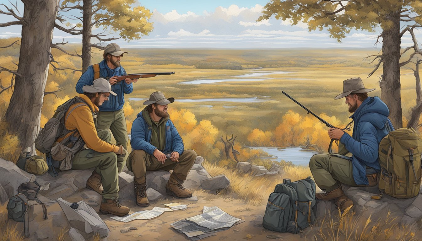 A group of hunters gather their gear and maps before heading out to their designated hunting leases in the rugged landscape of North Dakota