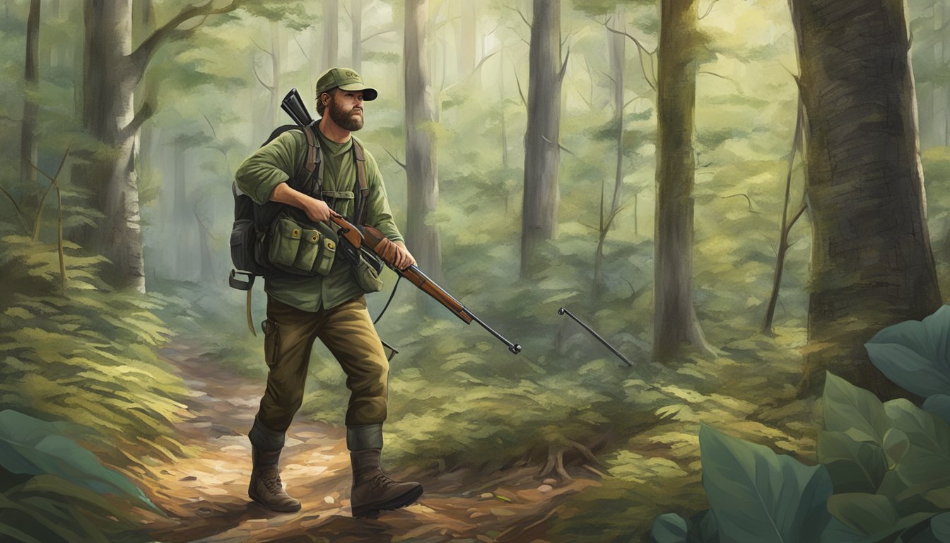 A hunter navigating through a dense forest in North Carolina, with hunting gear and amenities in tow