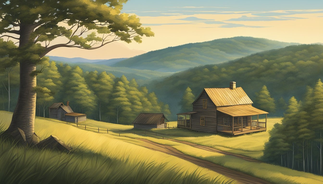 A rural landscape in North Carolina with rolling hills, dense forests, and a small hunting cabin nestled in the distance