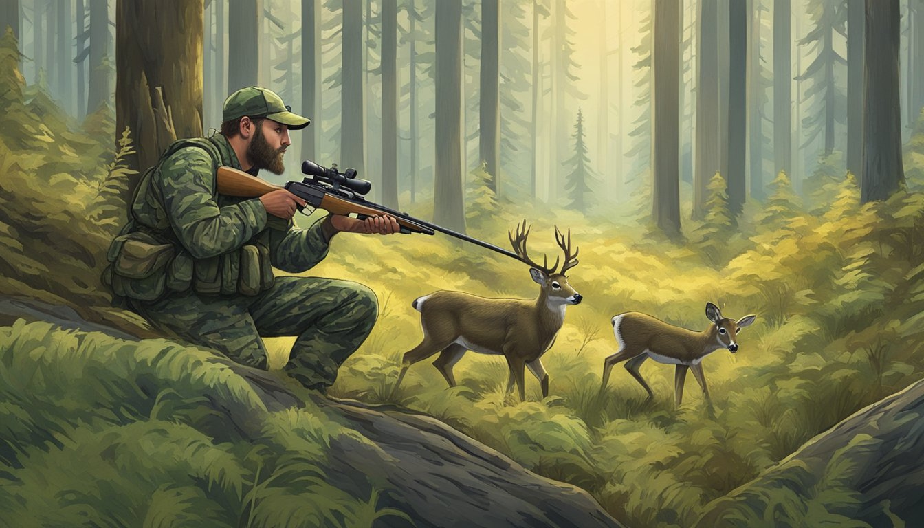 A hunter in camouflage aims a rifle at a deer in a lush Oregon forest clearing