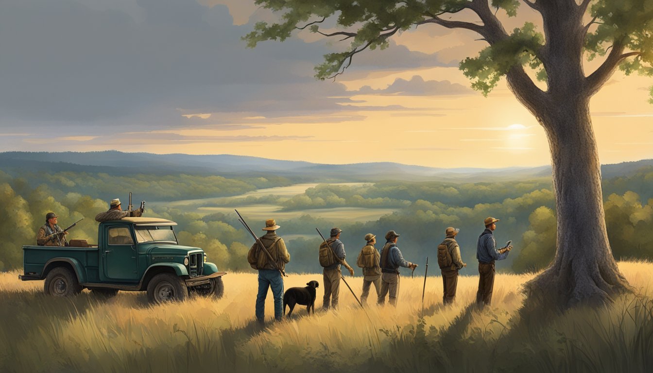 A group of hunters discussing lease terms with a landowner in a rural Oklahoma setting, surrounded by rolling hills and dense forest