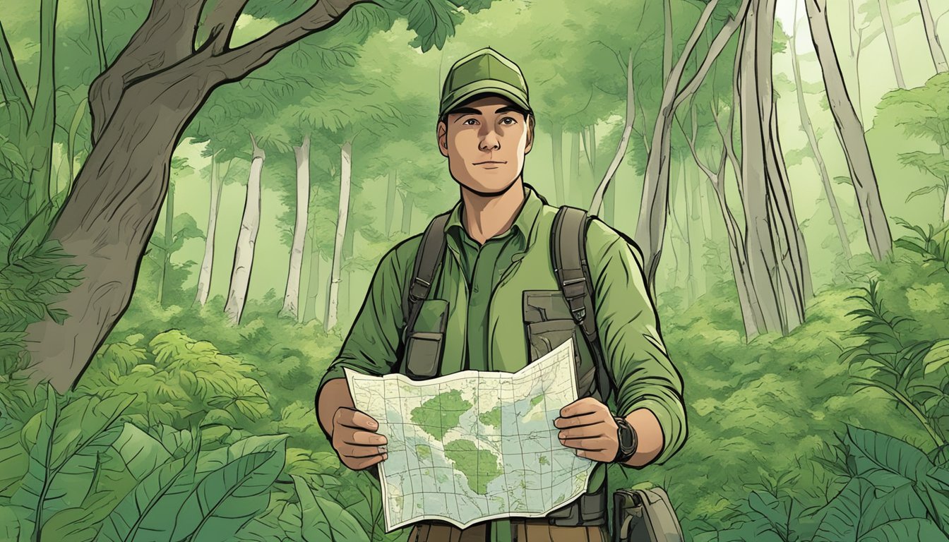 A hunter standing in a lush green forest, holding a map and pointing to a specific location. Trees, bushes, and wildlife surround them