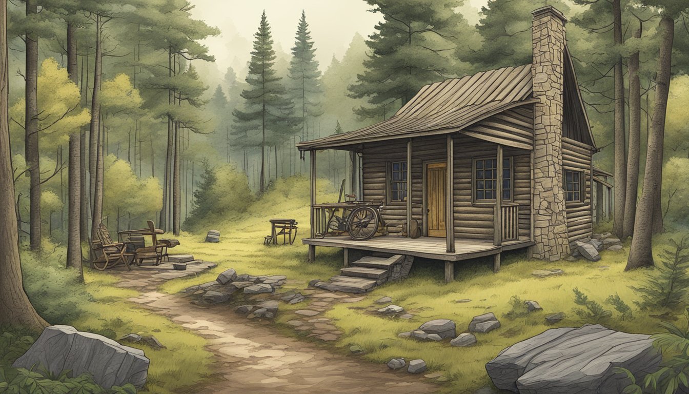 A forest clearing with a rustic cabin, hunting gear, and a map of Pennsylvania