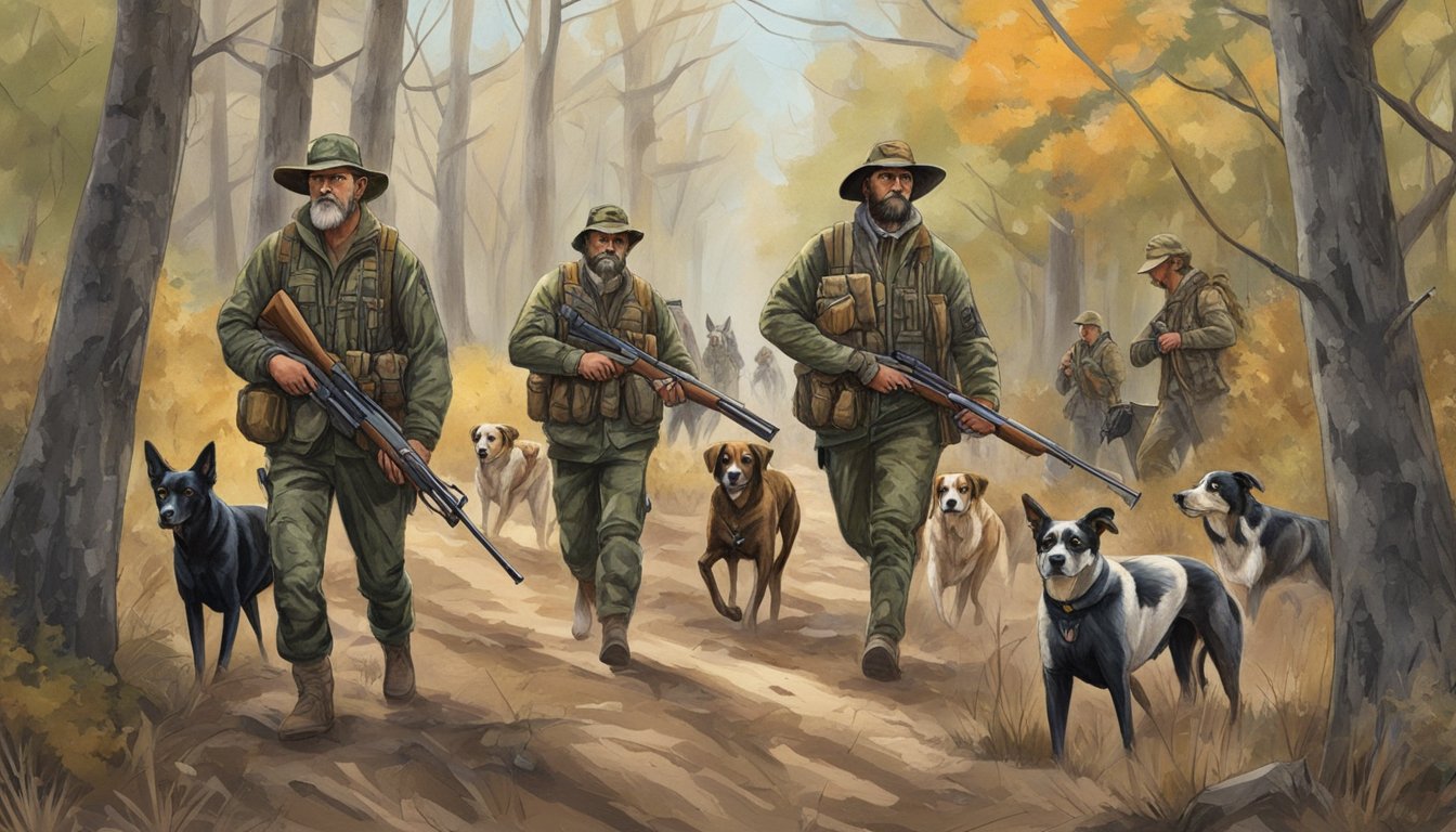 A group of hunters with rifles and camouflage gear walking through a wooded area in Oklahoma, with hunting dogs leading the way