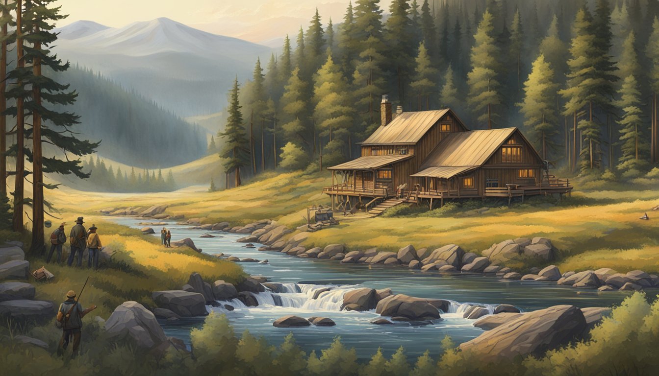 A sprawling Oregon landscape with rolling hills, dense forests, and a winding river. A rustic hunting lodge sits nestled among the trees, while a group of hunters prepare their gear for a day in the wilderness