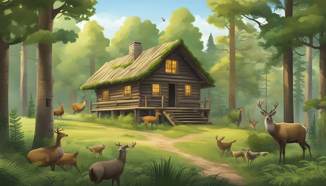 A lush forest with various game animals, such as deer and turkey, roaming freely. A hunting cabin and sign indicating hunting seasons and lease information