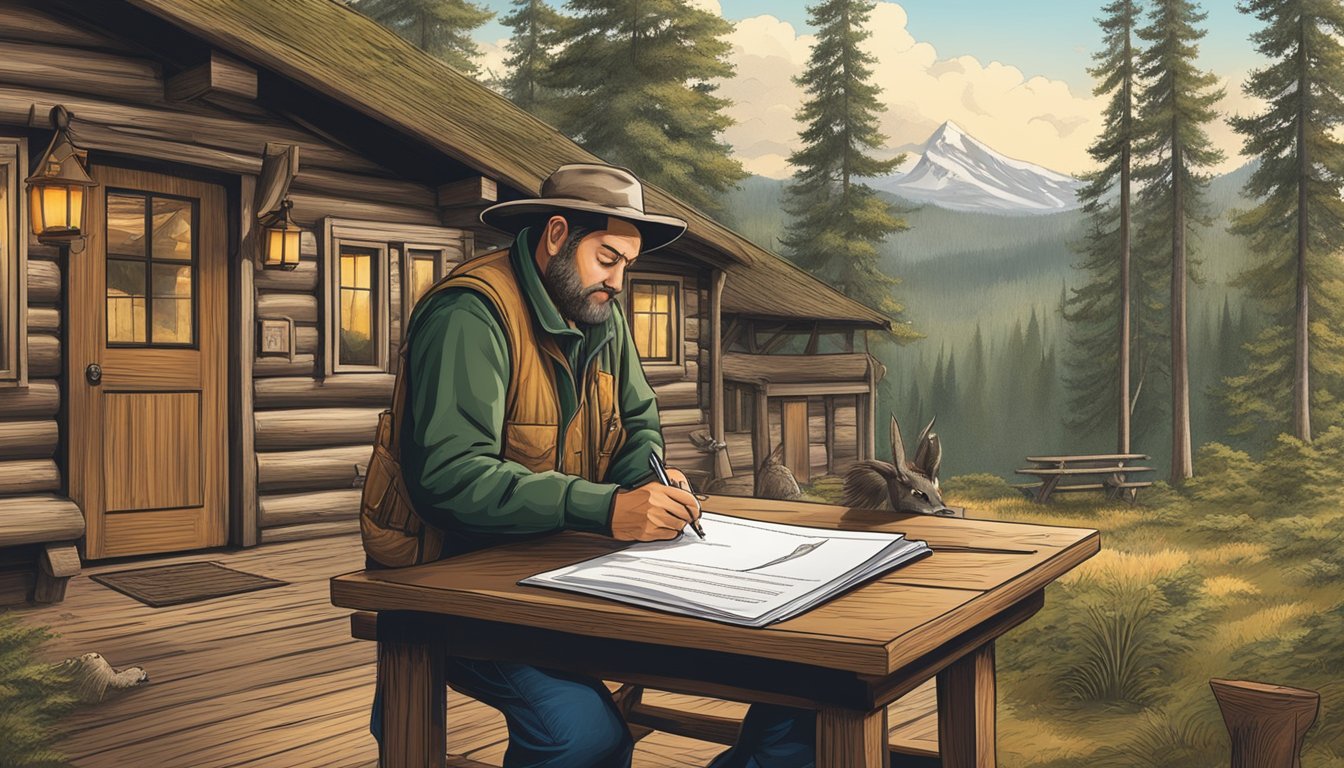 A hunter signing a lease agreement in a rustic Oregon hunting lodge, surrounded by forest and wildlife