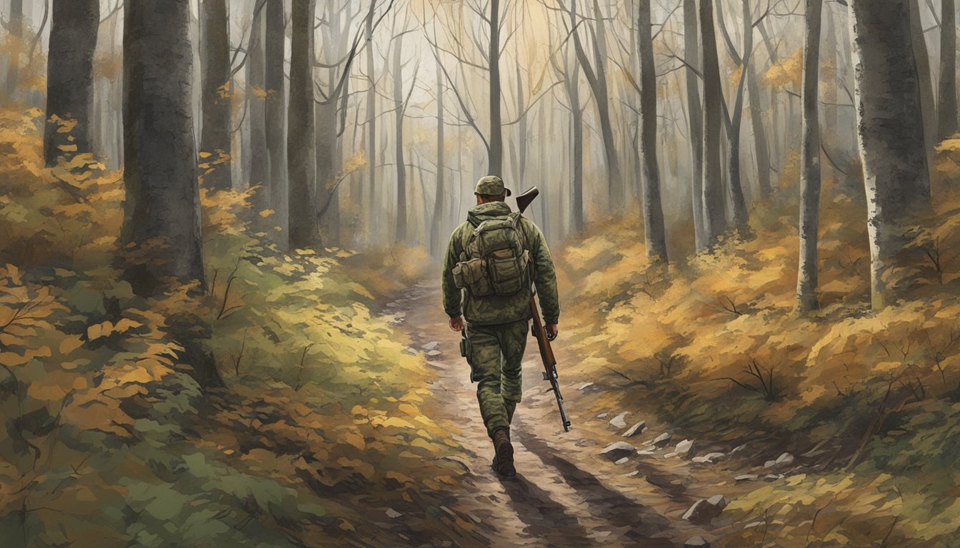 A hunter walking through a wooded area, carrying a rifle and wearing camouflage clothing, scanning the landscape for potential hunting lease opportunities in Pennsylvania