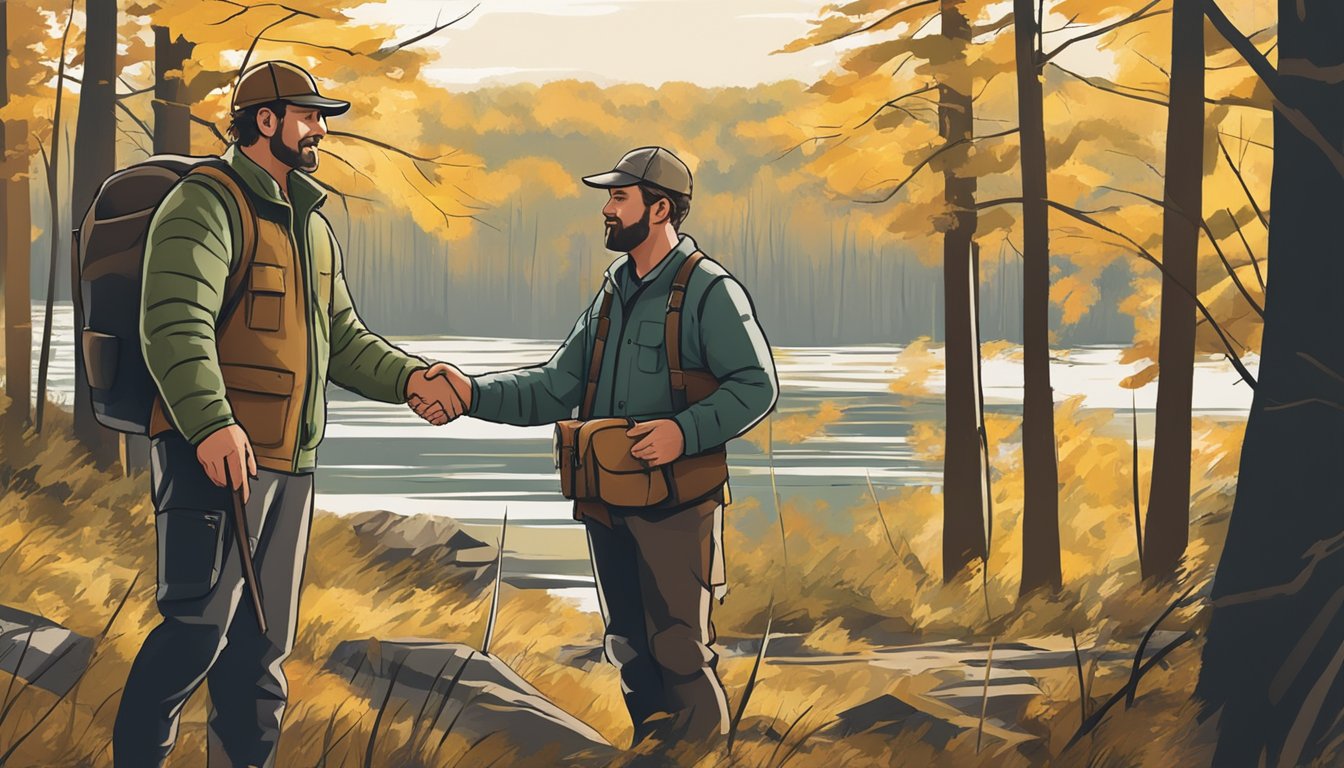 A hunter and a landowner shaking hands after finalizing a hunting lease agreement in the Pennsylvania woods