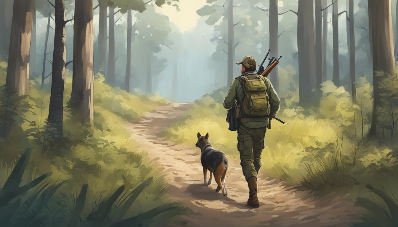 A hunter carrying a rifle walks through a wooded area, scanning the ground for signs of animal activity