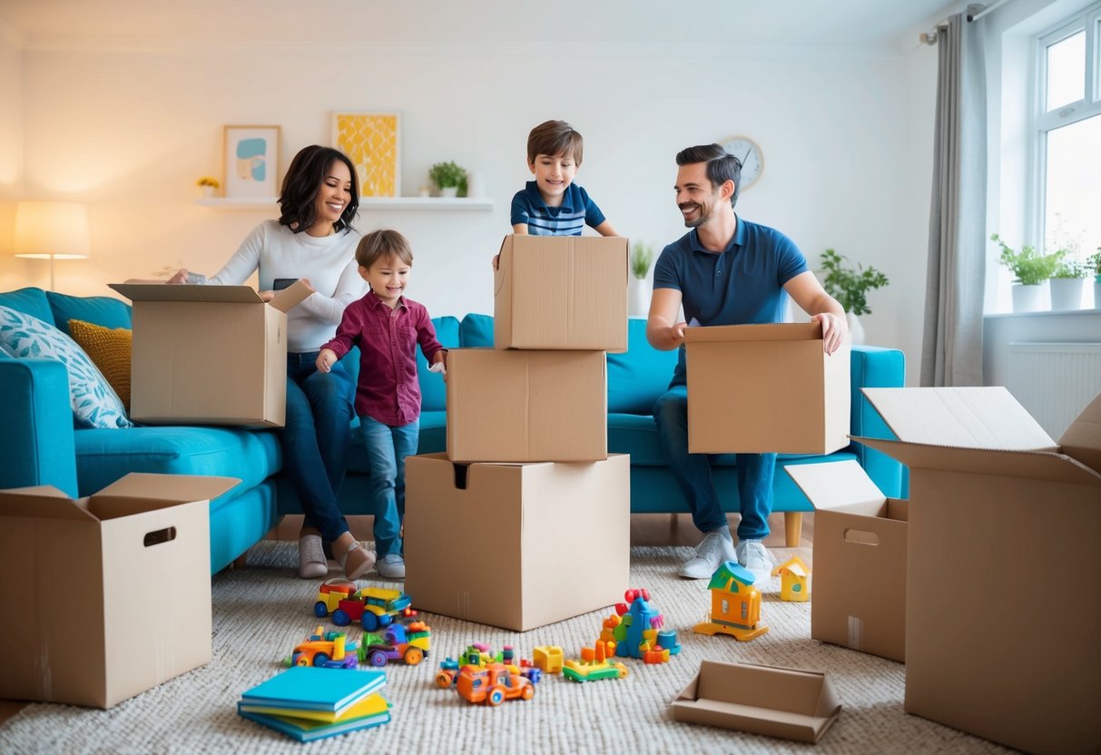 En familj unpackar lådor i ett ljust, mysigt vardagsrum. Barnens leksaker och böcker ligger utspridda på golvet medan föräldrarna ler och hjälper sina barn att komma till rätta i sitt nya hem.