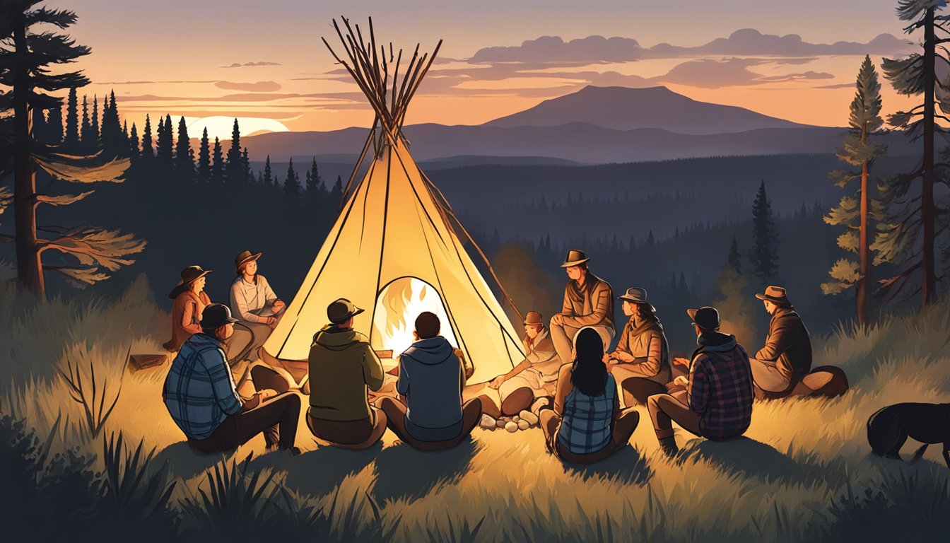 A group of people gather around a campfire in the Oklahoma wilderness, sharing stories and traditions, surrounded by the beauty of nature