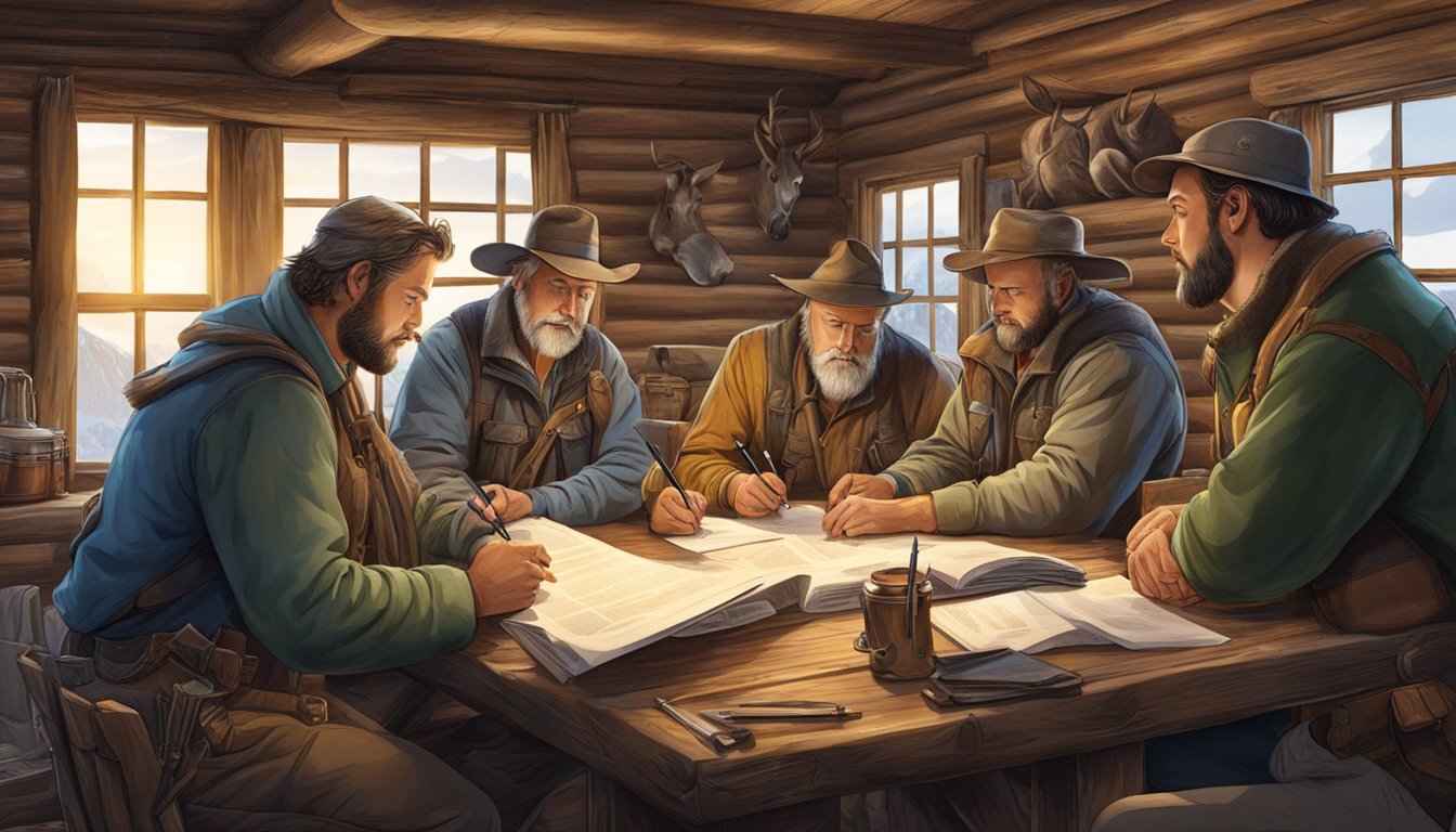 A group of hunters signing legal documents in a rustic cabin, surrounded by maps and hunting gear