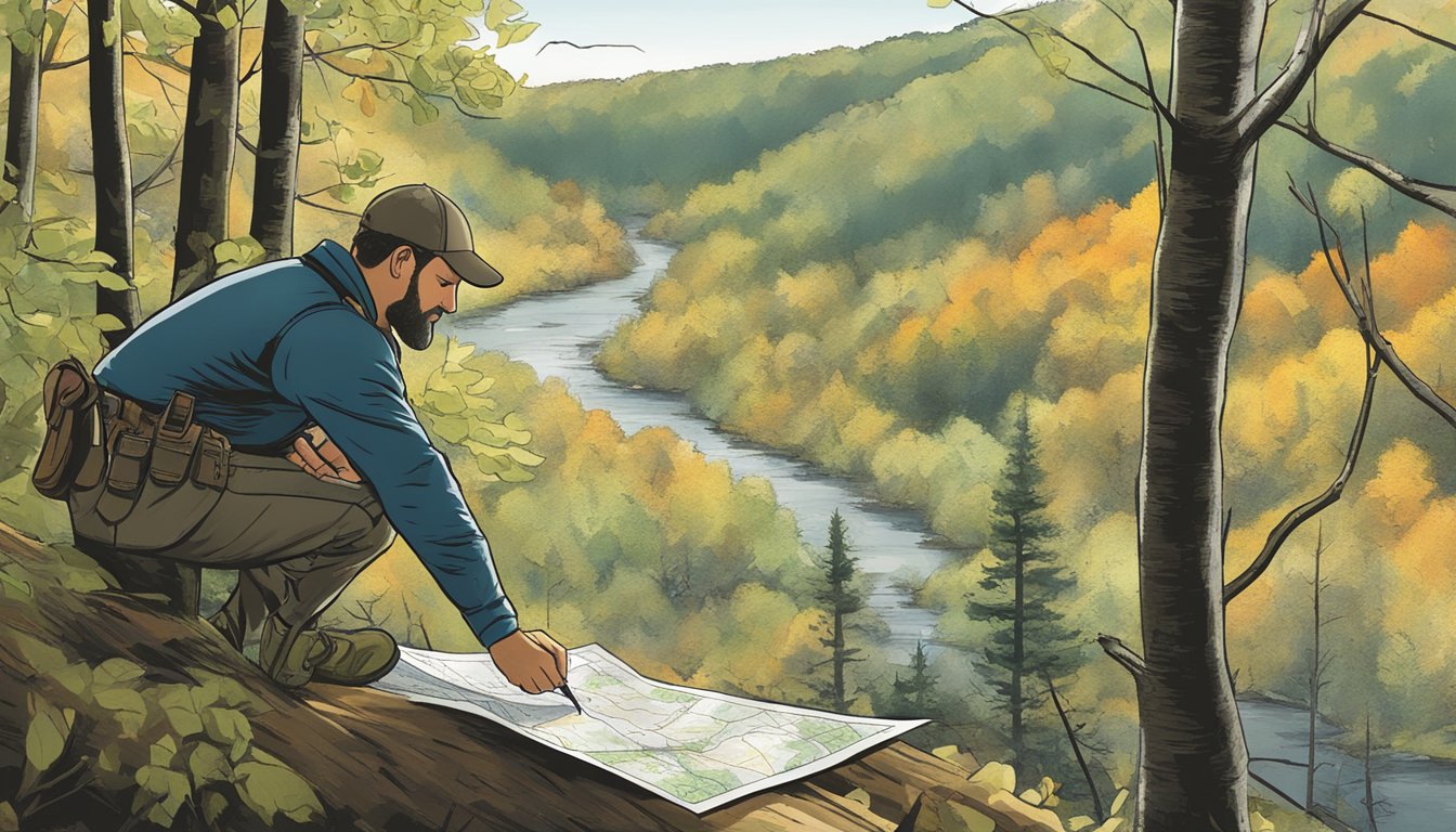 A hunter in a wooded area of Rhode Island, looking at a map and talking to a landowner about leasing hunting rights