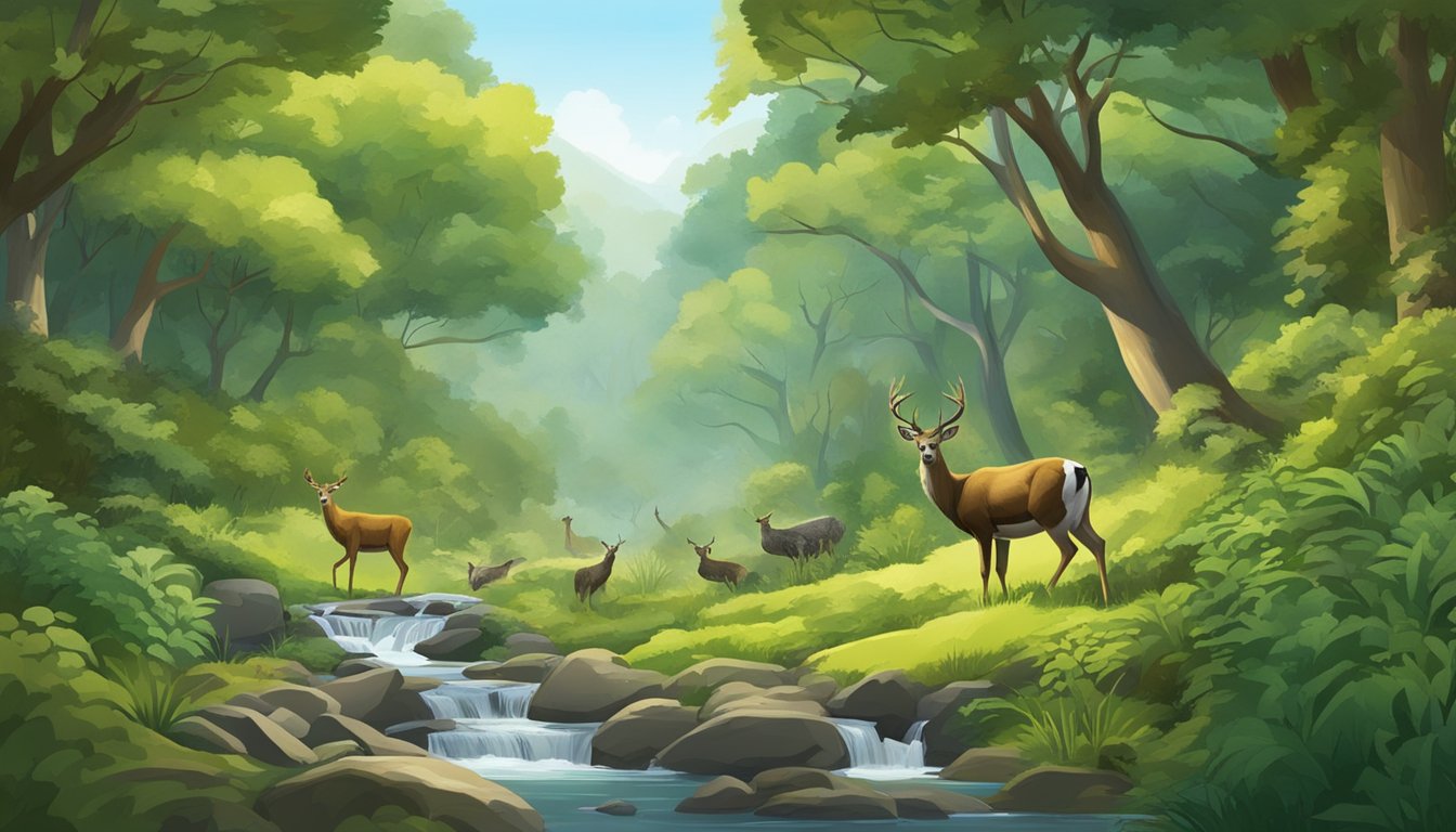 A lush forest with a variety of trees and foliage, a stream running through, and game species such as deer and turkey roaming the land