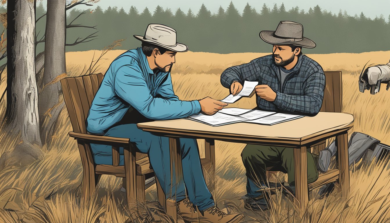 A hunter signing a lease agreement with a landowner in Rhode Island, exchanging money for access to the hunting grounds