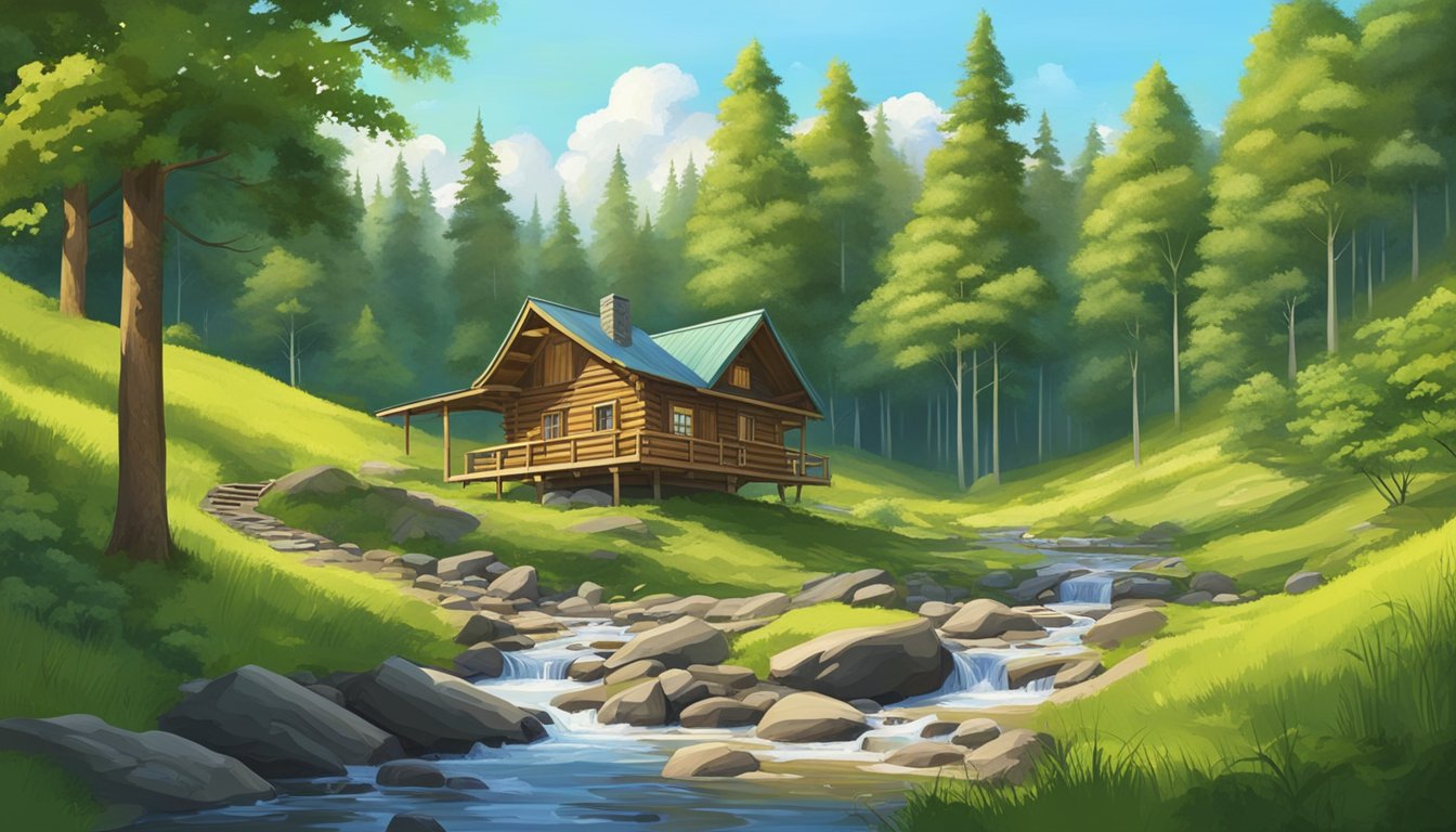 Lush green forest with rolling hills and a clear blue sky, a wooden hunting cabin nestled among the trees, with a stream running through the landscape