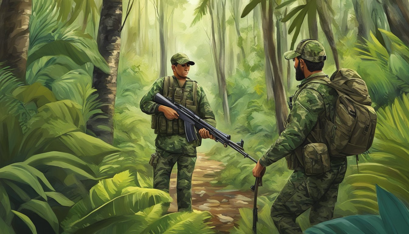 A hunter in camouflage navigating through lush Puerto Rican forest, with a rifle and hunting gear, while following legal regulations and framework for hunting leases