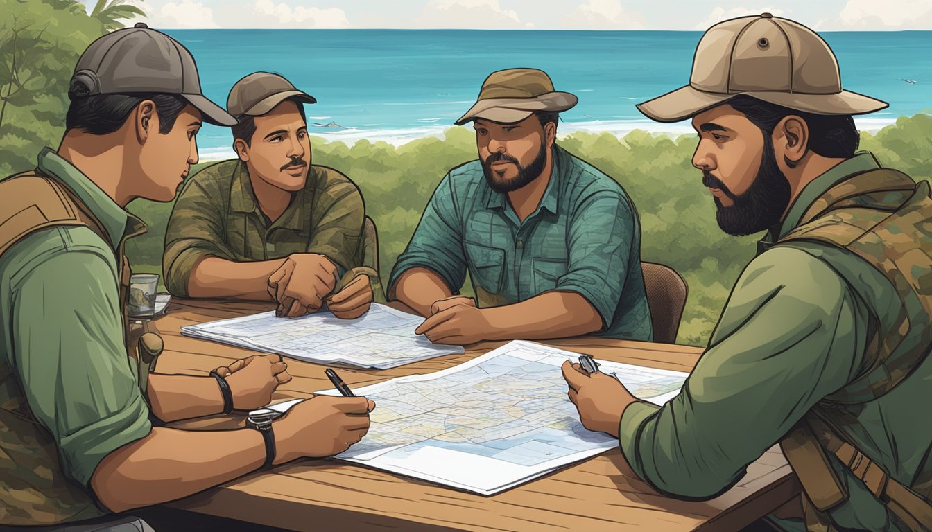 A group of hunters discussing lease terms with a landowner in Puerto Rico. Maps, contracts, and financial documents are spread out on a table